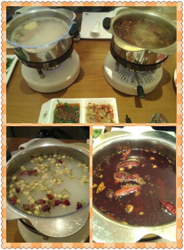 玫瑰茉莉汤底、麻辣汤底（中辣）